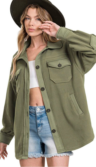 Brisk Air Oversized Fleece Shacket- Lt. Olive