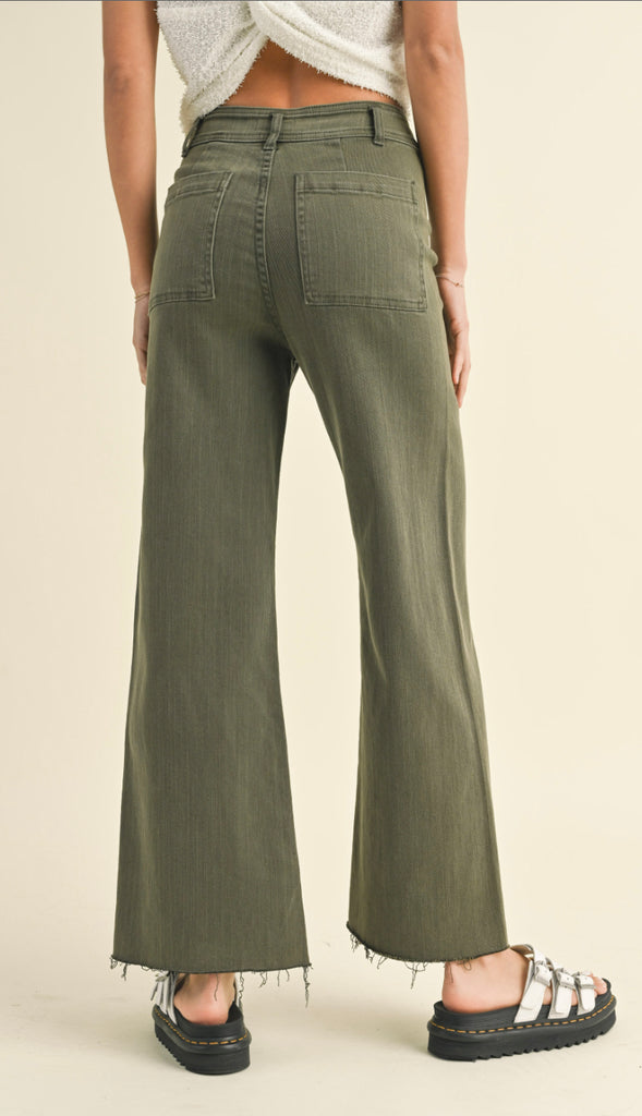 Miou Muse Straight Wide Leg Denim Pants- Faded Olive