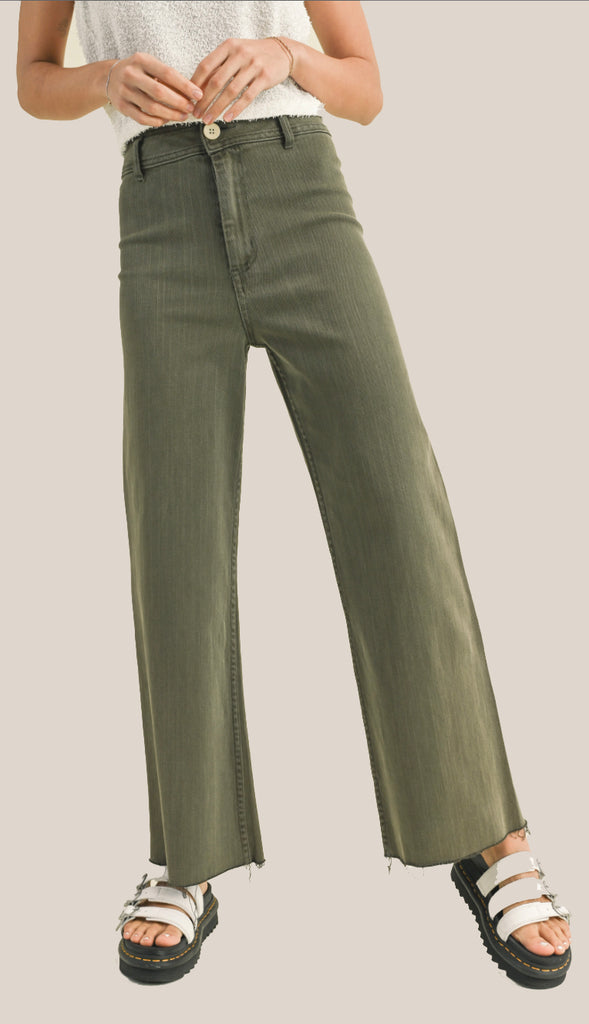 Miou Muse Straight Wide Leg Denim Pants- Faded Olive
