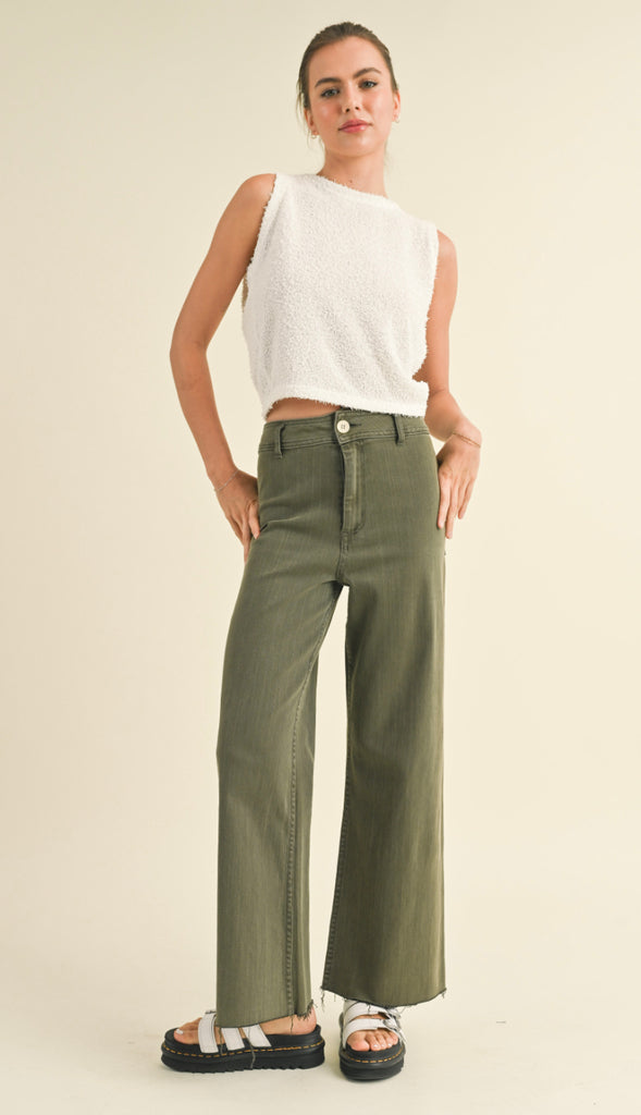 Miou Muse Straight Wide Leg Denim Pants- Faded Olive