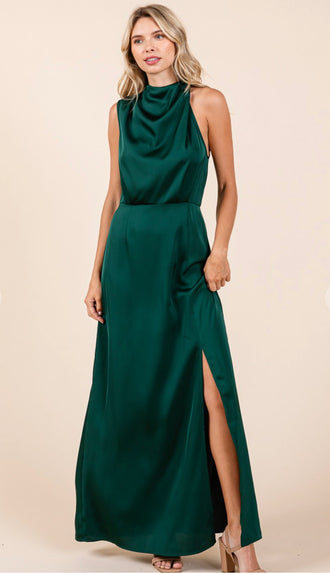 Halle Asymmetrical Satin Sleeveless Maxi Dress- Hunter Green