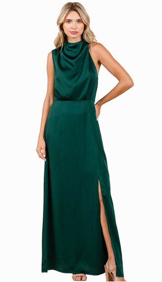 Halle Asymmetrical Satin Sleeveless Maxi Dress- Hunter Green