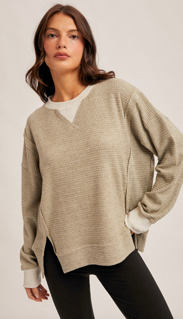 Danielle Brush Thermal Oversized Pullover- Olive