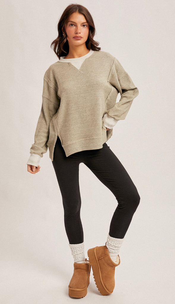 Danielle Brush Thermal Oversized Pullover- Olive