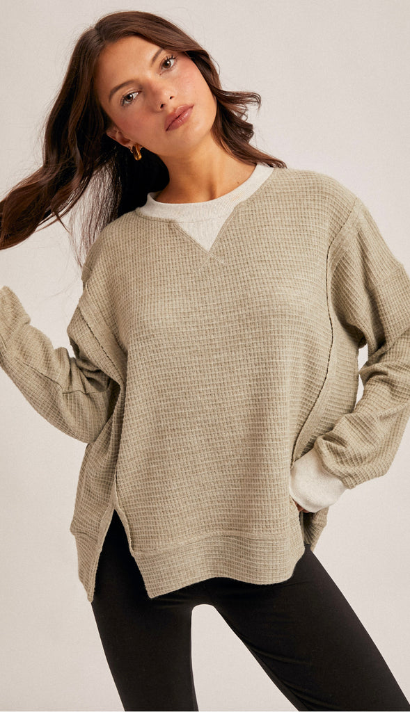 Danielle Brush Thermal Oversized Pullover- Olive