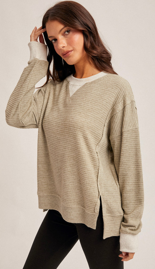 Danielle Brush Thermal Oversized Pullover- Olive