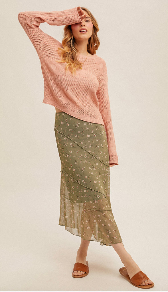 Spring On Floral Mesh Skirt- Olive