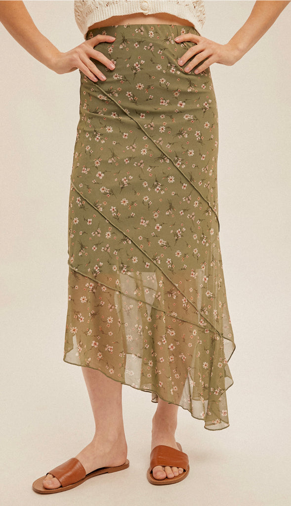 Spring On Floral Mesh Skirt- Olive