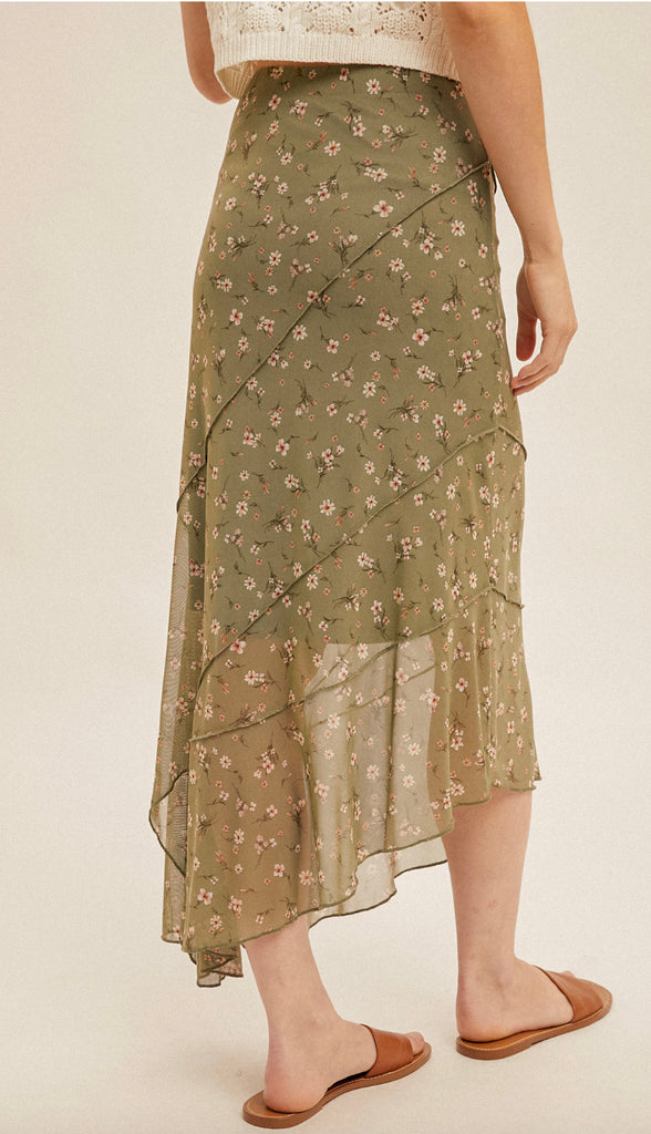 Spring On Floral Mesh Skirt- Olive