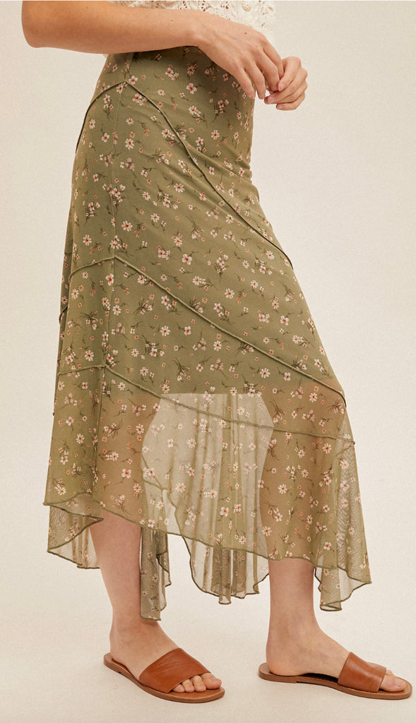 Spring On Floral Mesh Skirt- Olive