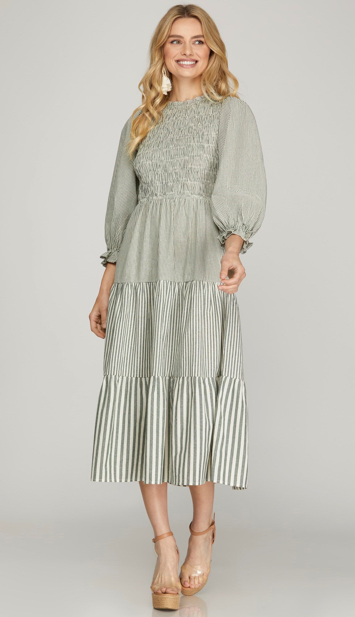 olive midi dress Haley Stripe Smocked Midi Dress- Olive