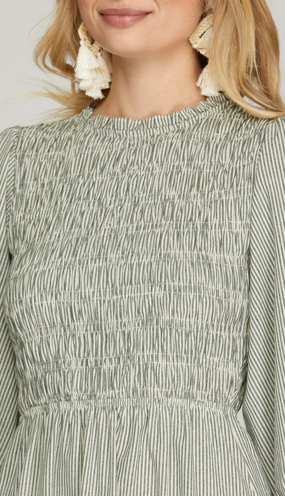 Haley Stripe Smocked Midi Dress- Olive
