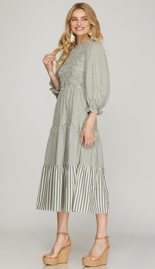 Haley Stripe Smocked Midi Dress- Olive