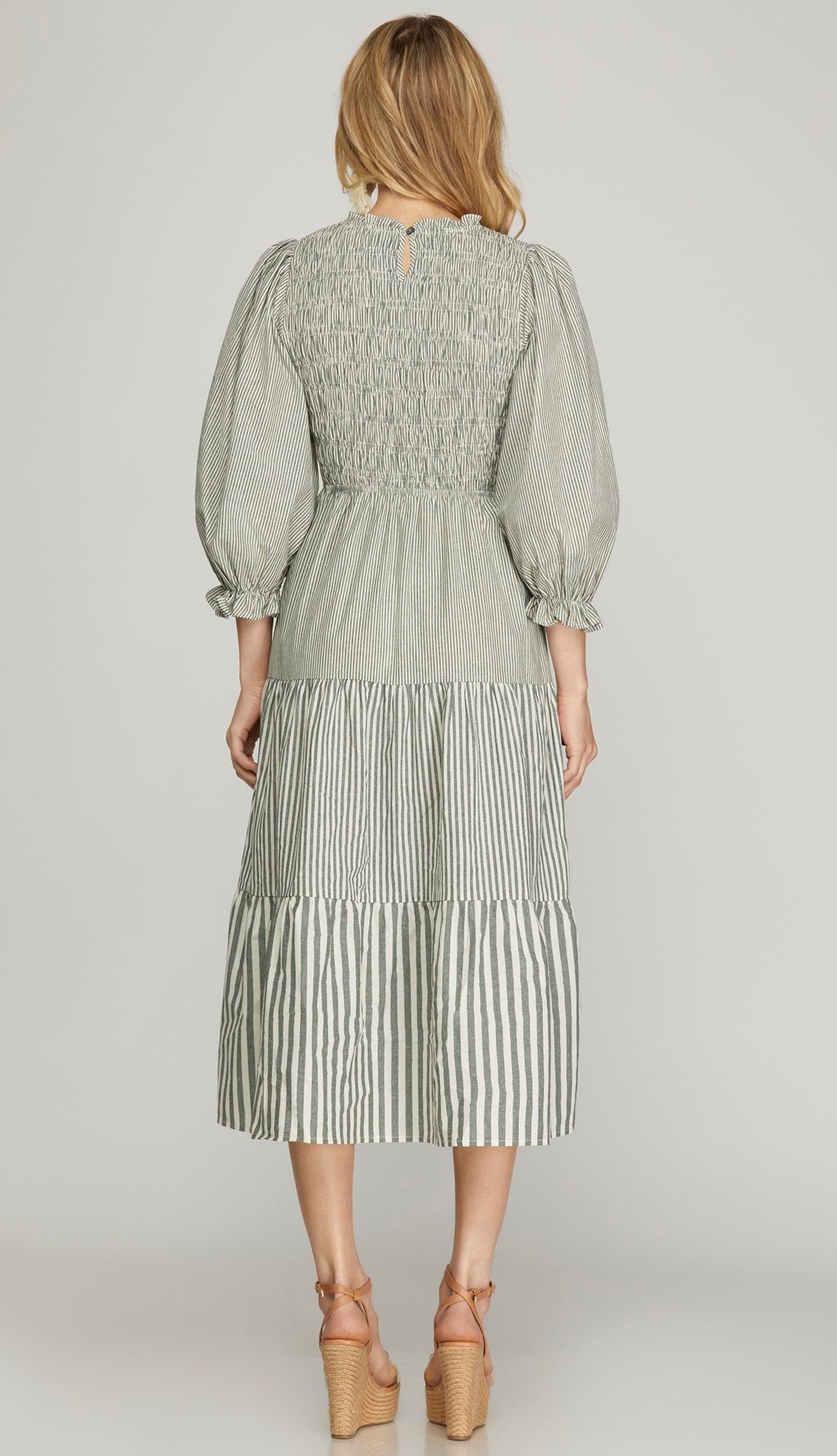 Haley Stripe Smocked Midi Dress- Olive Haley Stripe Smocked Midi Dress- Olive