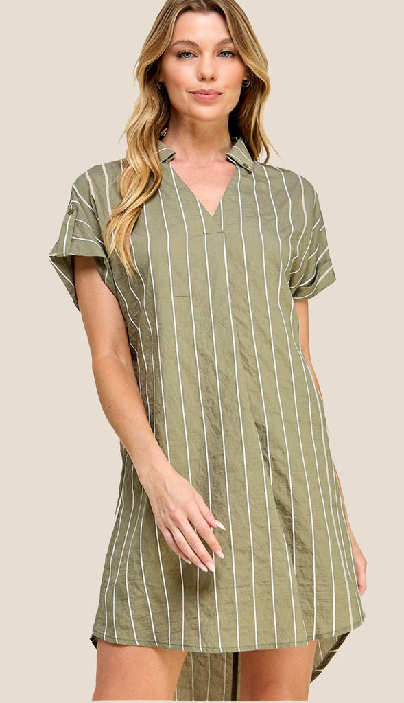 Fern V Neck Collared Shirt Dress- Olive