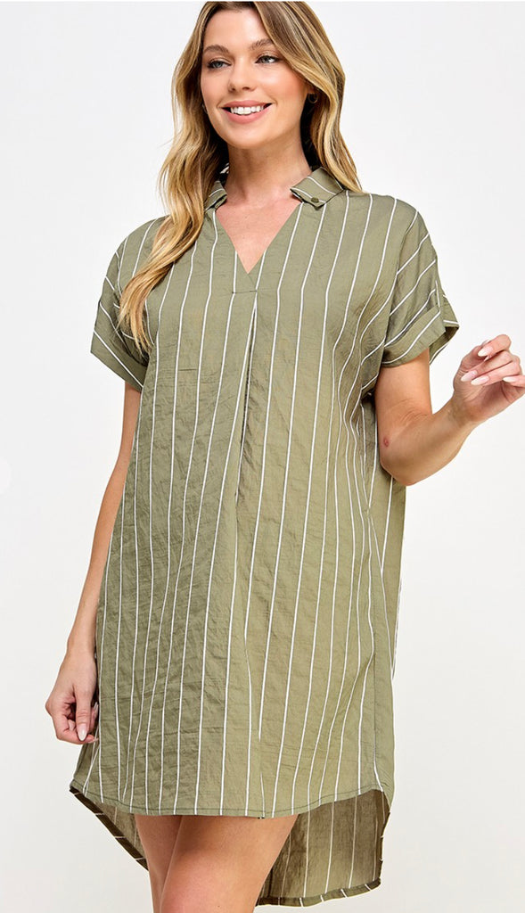 Fern V Neck Collared Shirt Dress- Olive