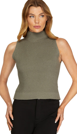 Sara Mock Neck Sweater Vest- Olive