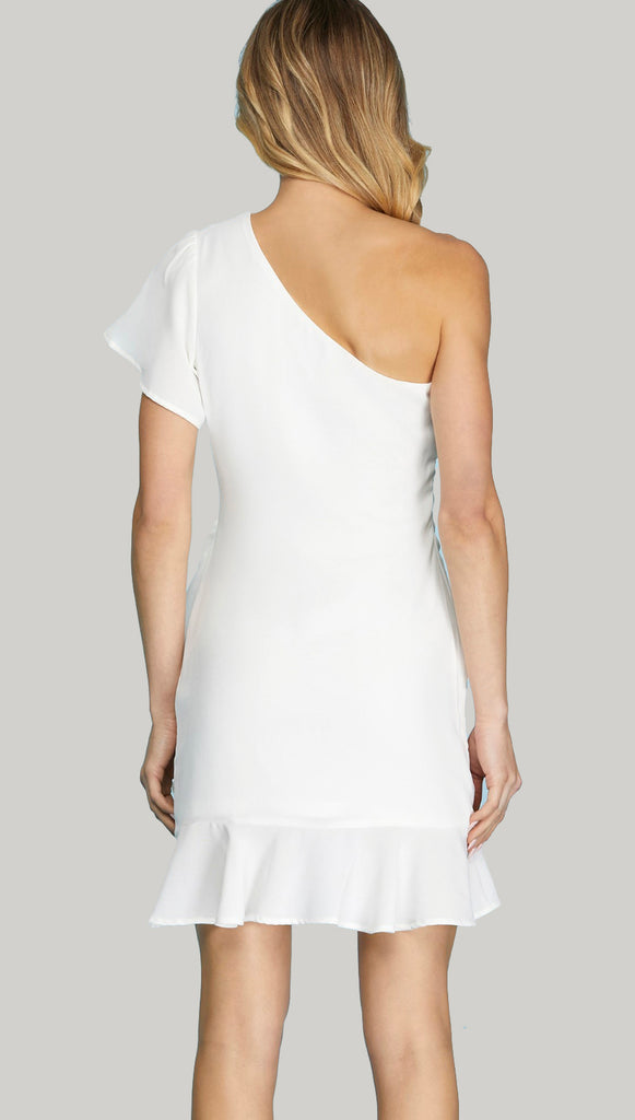 Made It Here One Shoulder Flutter Sleeve Dress- Off White