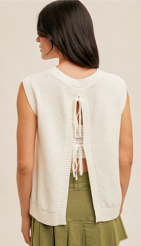 Rowan Open Back Ties Sleeveless Sweater- Off White