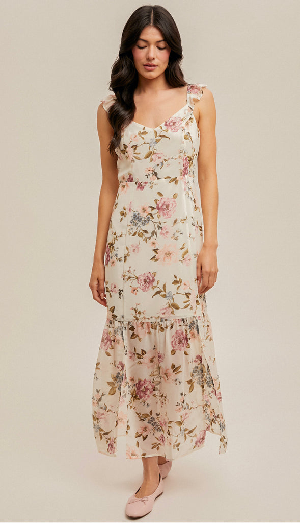Genevieve Back Cutout Floral Chiffon Floral Dress- Multi