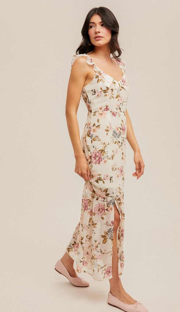 Genevieve Back Cutout Floral Chiffon Floral Dress- Multi