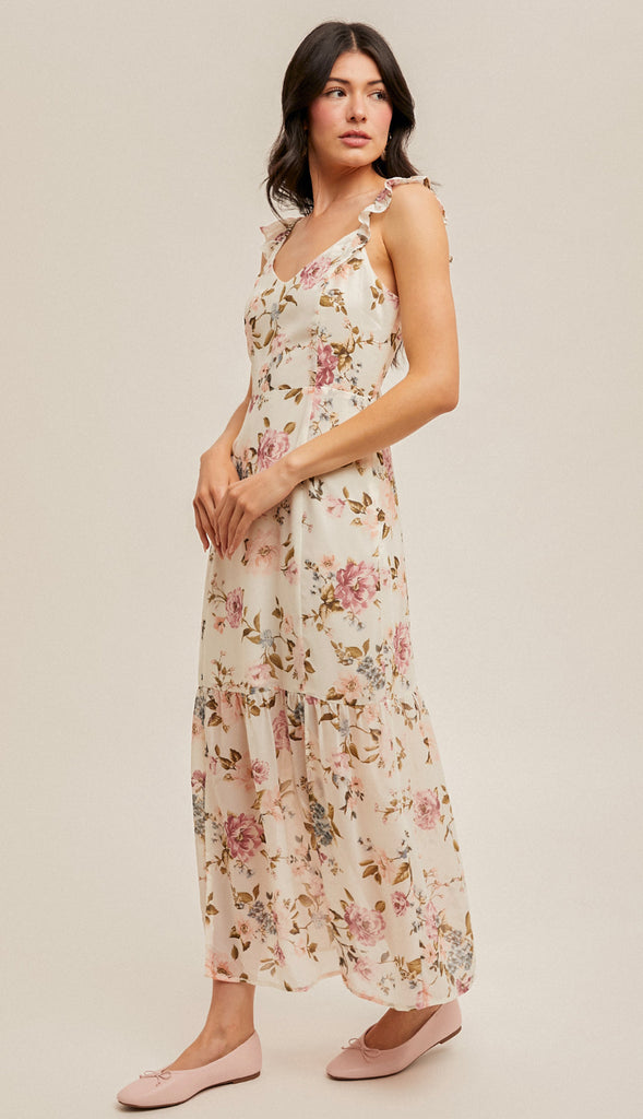 Genevieve Back Cutout Floral Chiffon Floral Dress- Multi