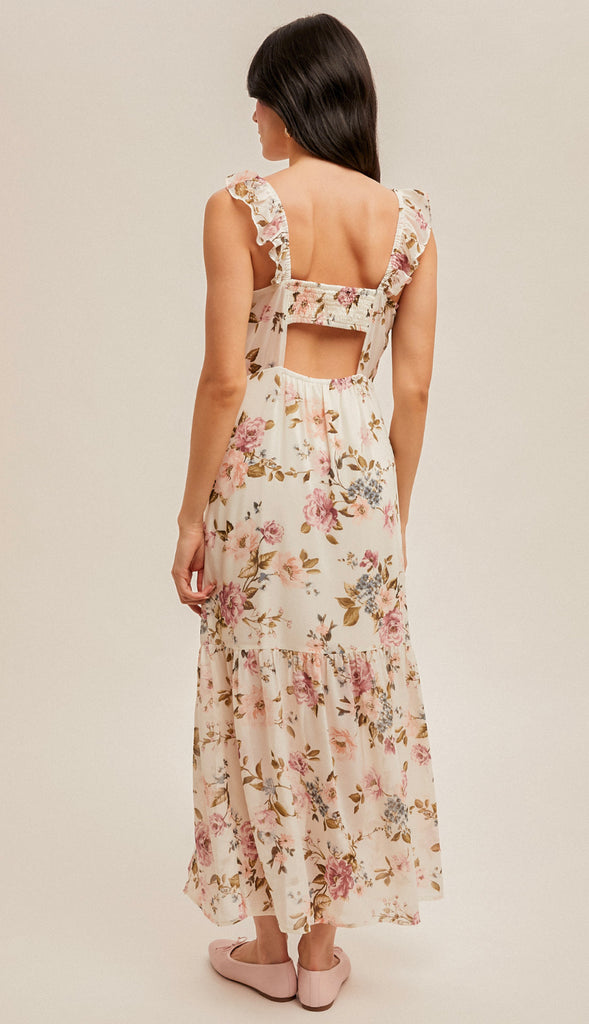 Genevieve Back Cutout Floral Chiffon Floral Dress- Multi