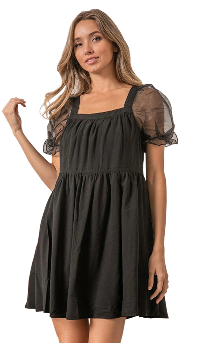 black organza sleeve dress Satin Bodycon Dress with Organza Sleeves Black