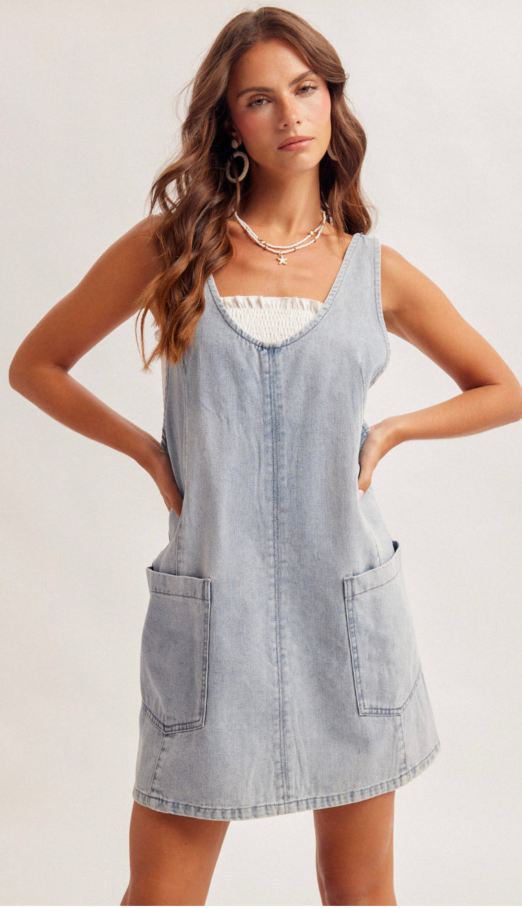 overall denim mini dress AE a stylish sleeveless dress designed for effortless summer fashion Edikted Overall Denim Mini Dress