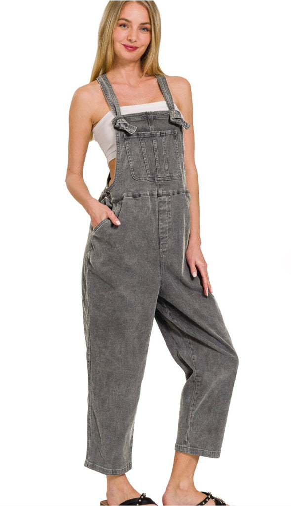 Camila Washed Relaxed Fit Overalls- Ash Black