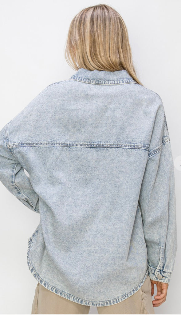 Risen Oversized Acid Wash Shacket- Light Wash