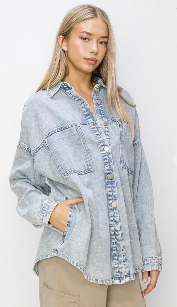 Risen Oversized Acid Wash Shacket- Light Wash