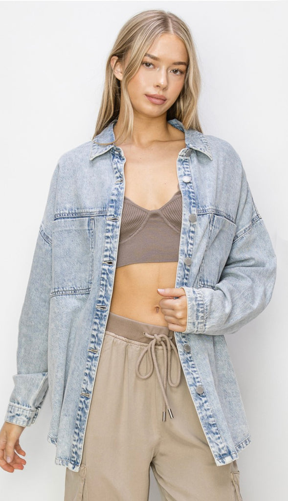 Risen Oversized Acid Wash Shacket- Light Wash
