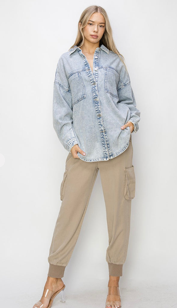 Risen Oversized Acid Wash Shacket- Light Wash