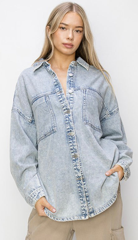 Risen Oversized Acid Wash Shacket- Light Wash
