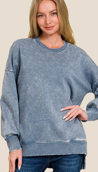 Coziest Ever Acid Wash Sweatshirt- Dusty Blue