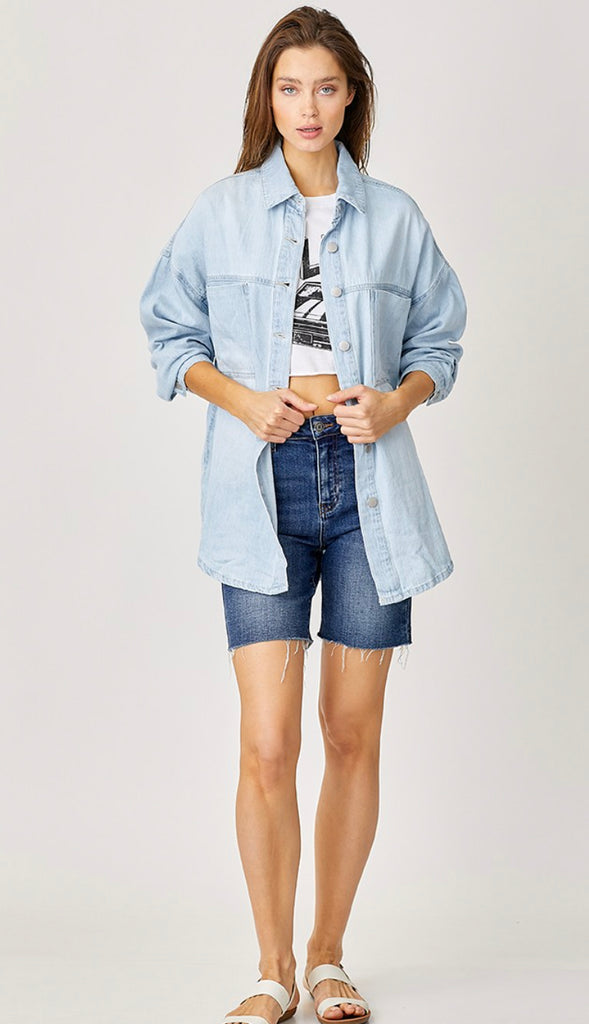 Risen Oversized Denim Shacket- Light Wash