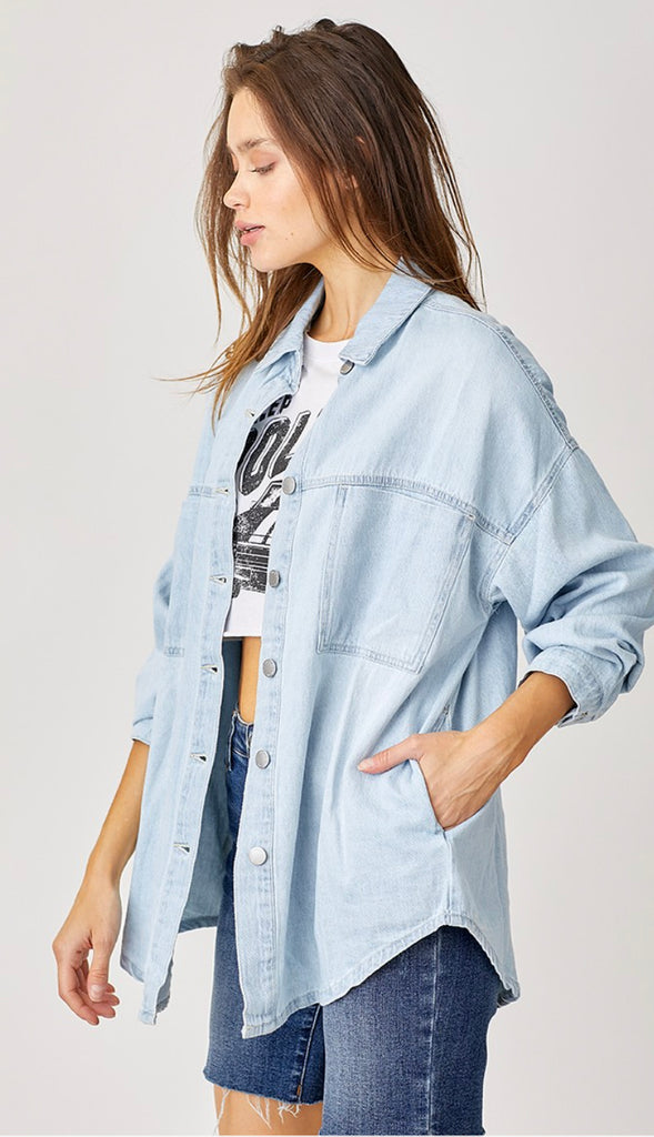 Risen Oversized Denim Shacket- Light Wash