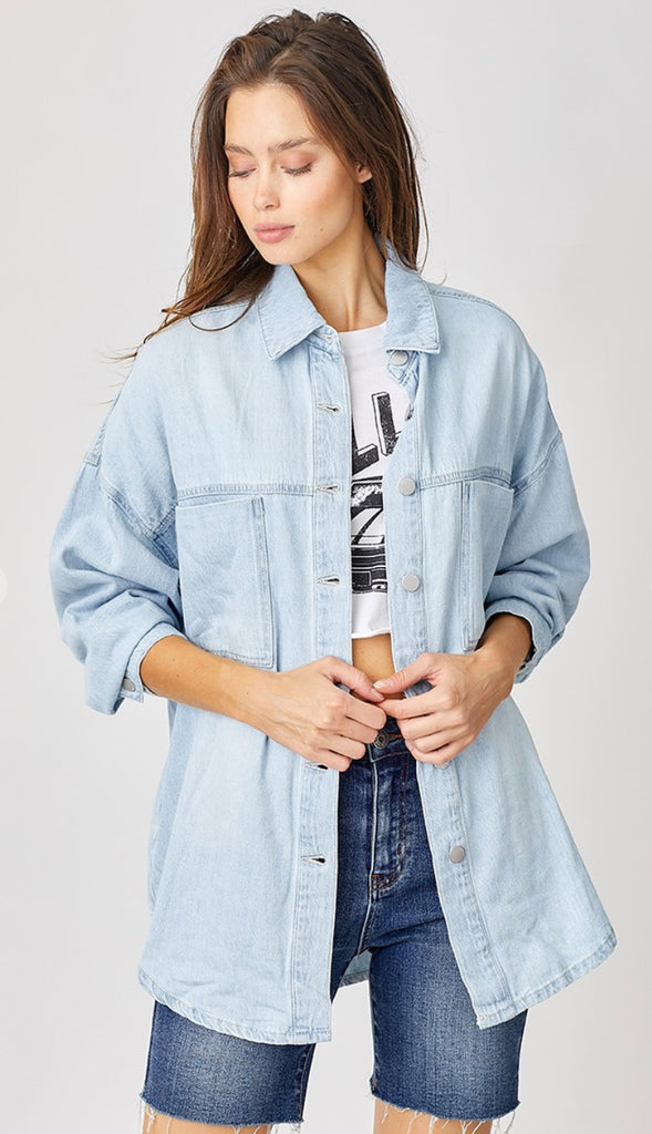 Risen Oversized Denim Shacket- Light Wash