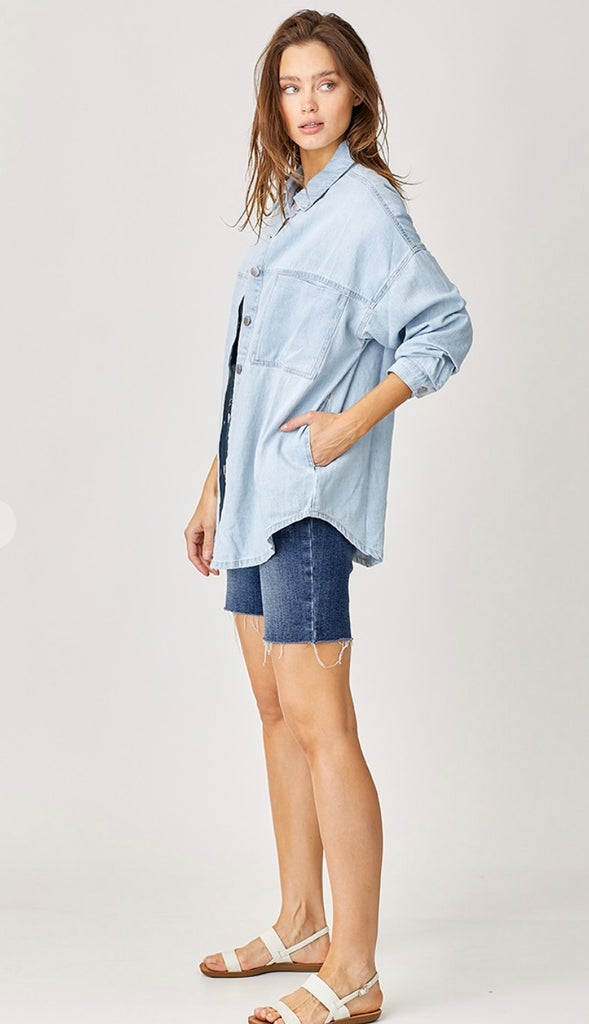Risen Oversized Denim Shacket- Light Wash