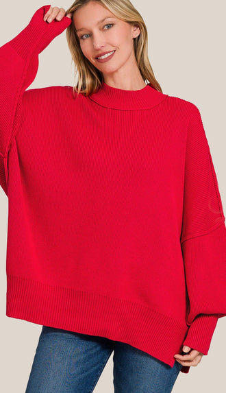 Easy Does It Side Slit Oversized Sweater- Ruby