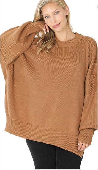 Side Slit Oversized Sweater- Deep Camel