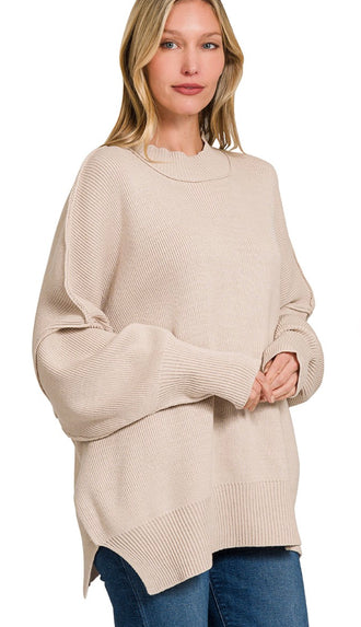 Side Slit Oversized Sweater- Sand Beige