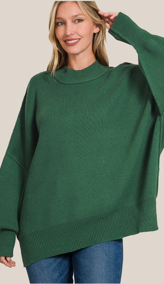 Easy Does It Side Slit Oversized Sweater- Dark Green