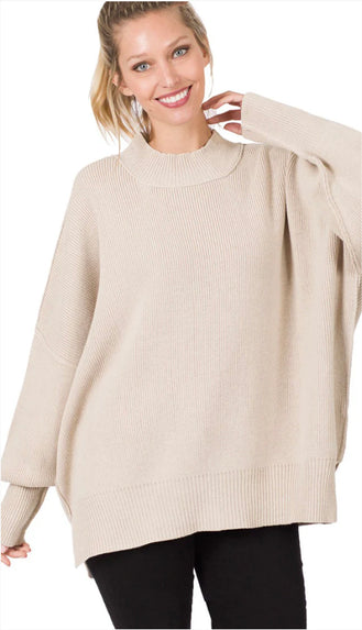 Side Slit Oversized Sweater- Sand Beige