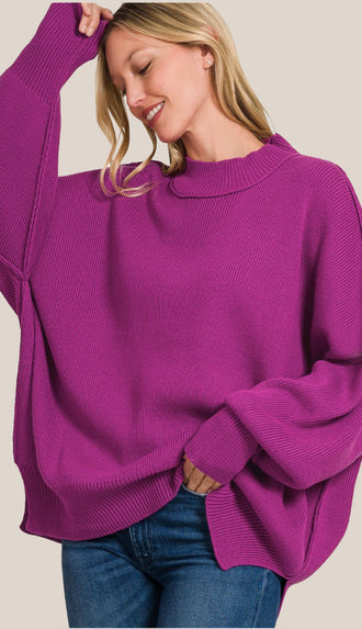 Easy Does It Side Slit Oversized Sweater- Lt Plum