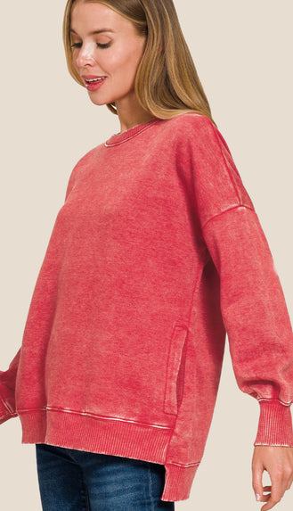 Coziest Ever Acid Wash Sweatshirt- Red