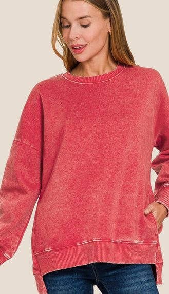 Coziest Ever Acid Wash Sweatshirt- Red