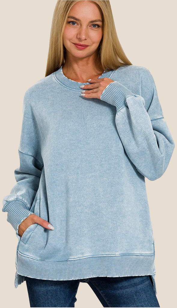 Coziest Ever Acid Wash Sweatshirt- Dusty Blue