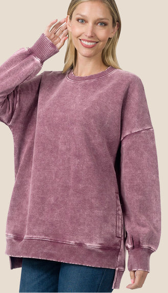 Coziest Ever Acid Wash Sweatshirt- Egg Plant